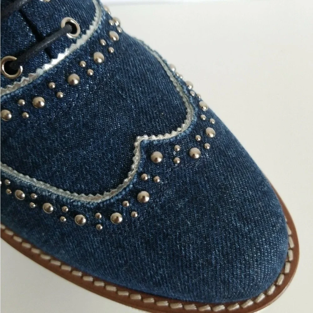 Miu Miu RARE DENIM PLATFORM Studded Wingtip Oxfords SNEAKERS  SHOES 7.5